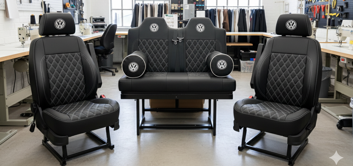 Black VW rock n roll bed with matching T4 seats grey stitching Blue Note Upholstery